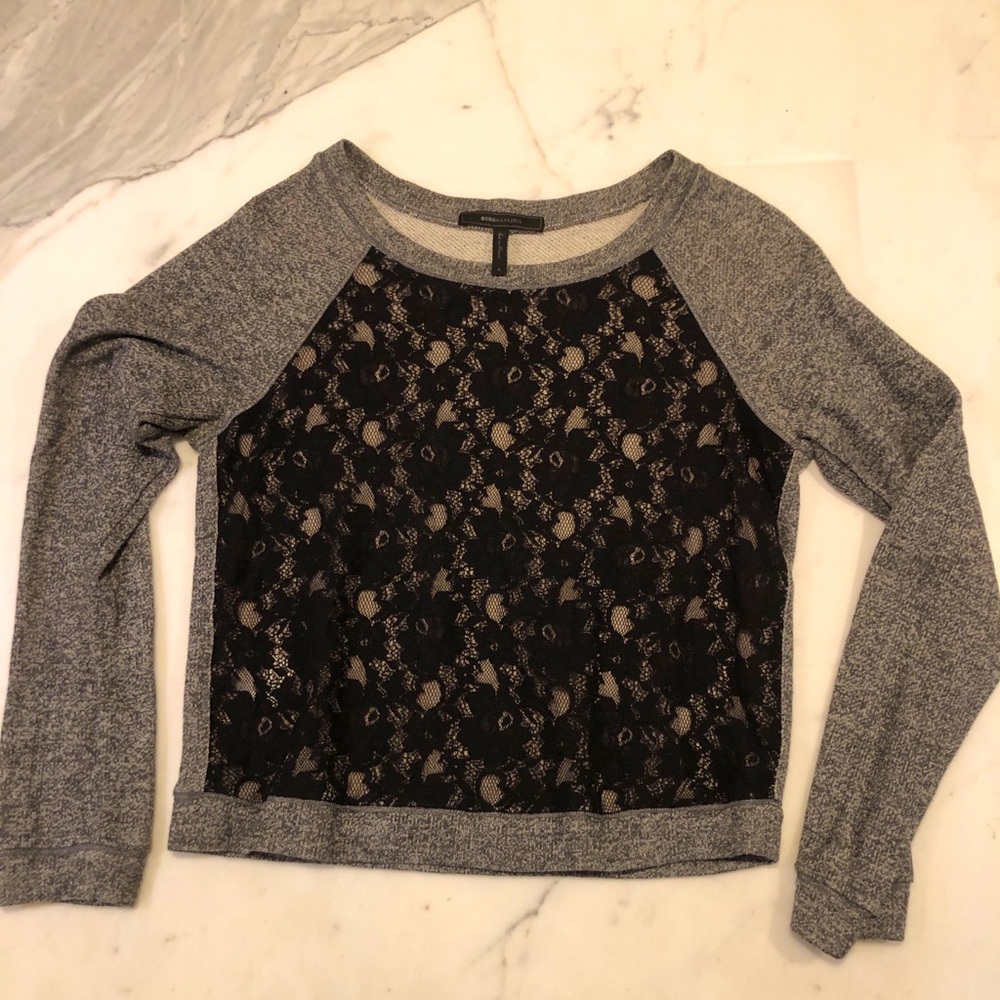 BCBGMaxAzria gray sweatshirt with black lace front. Size Small